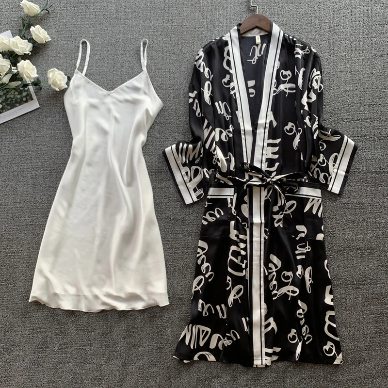 Женский пижамный комплект conjunto feminino para dormir белое шелковое платье с принтом на