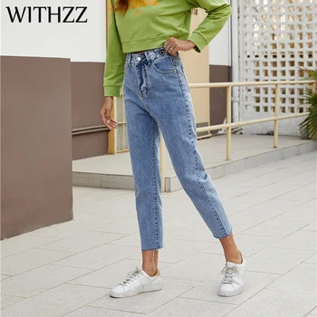 

WITHZZ Spring Autumn Women's Denim Trousers Fashion Waist Smiley Embroidery Inelastic Straight Pants Jeans