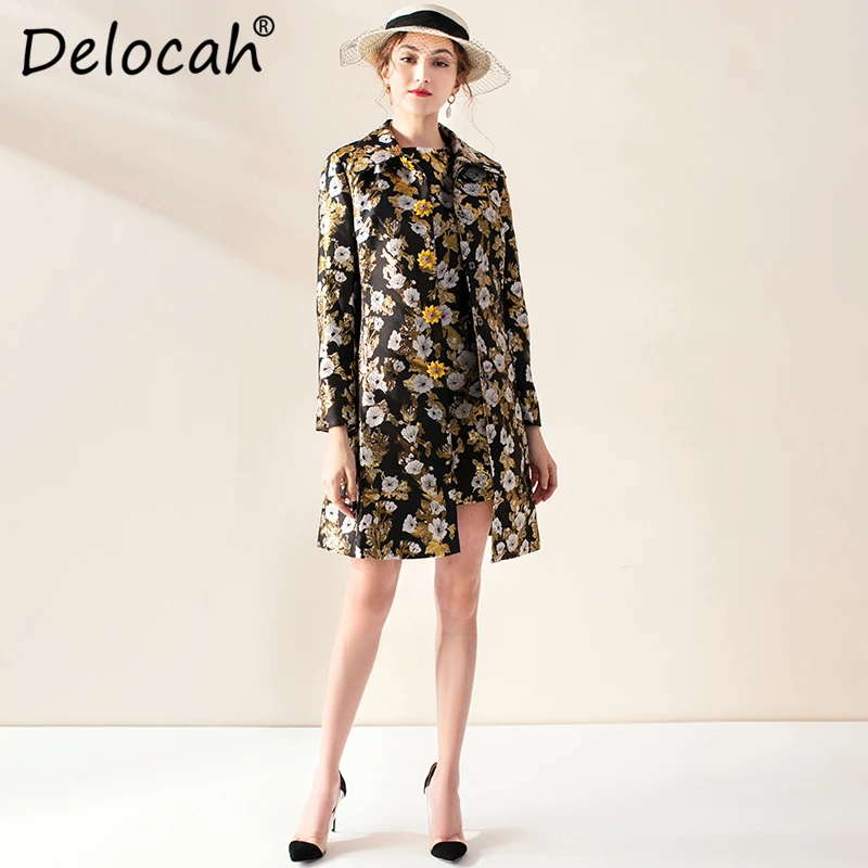 Delocah, Осеннее Женское пальто, подиумное, модное, дизайнерское, с длинным рукавом, с принтом жимолости, зимнее, теплое, жаккардовое пальто+ тонкое женское платье