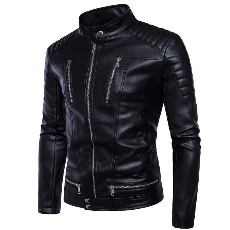 Мужская Ретро мотоциклетная кожаная куртка, Мужская классическая дизайнерская байкерская куртка с несколькими молниями, мужская кожаная куртка-бомбер с манжетами на молнии - Цвет: Черный