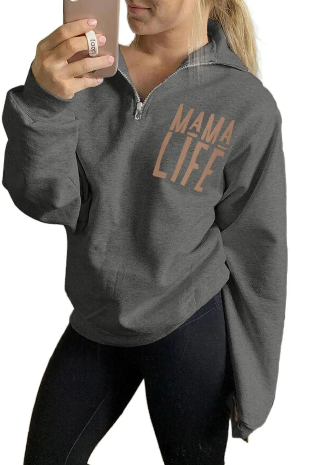 Black/White/Gray Mama Life Letters Print Zipper Sweatshirt 2020 Women Autumn Winter Turn-Down Neck Pullover Casual Sweatshirt