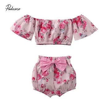 

Pudcoco 2020 Summer Toddler Baby Girl Clothes Sets Off Shoulder Tops Bowknot Shorts Pants 2Pcs Outfits Cotton Clothing 0-24M