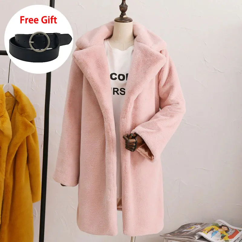 Куртка из искусственного кроличьего меха с высокой талией и поясом; пальто; сезон осень-зима; теплое длинное пальто; Верхняя одежда; модные пушистые куртки; пальто - Цвет: pink long fur coat