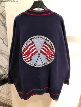 

French Elegant 2020 Summer Loose College Wind Flag Jacquard Contrast Color Leisure Wool Knitting Cardigan Coat
