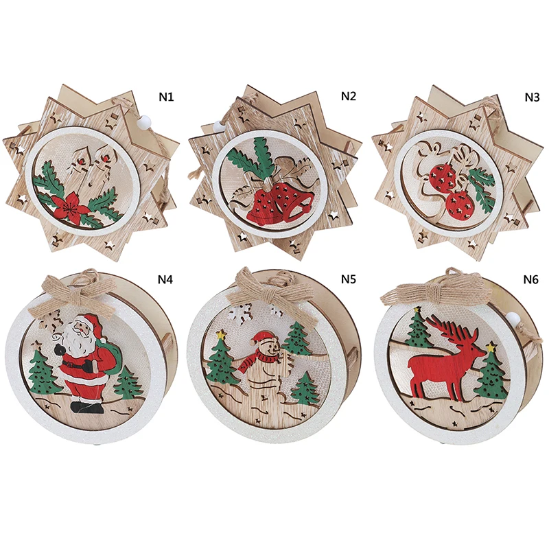 Luminous Santa Snowman Deer Hanging Pendant Christmas Tree Wooden Glowing Ornament Star Round Shape LED Light Decoration