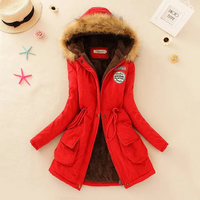 New Winter Women's Peach Skin Hooded Fur Collar Waist Plus Velvet Thickening Warm Ski Mid-length Cotton Coat