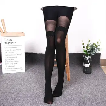 

1 Pair Harajuku Kawaii Black Stitching Lace False Knee Stockings Patchwork Tattoo Tight Women Girls Sheer Footed Pantyhose