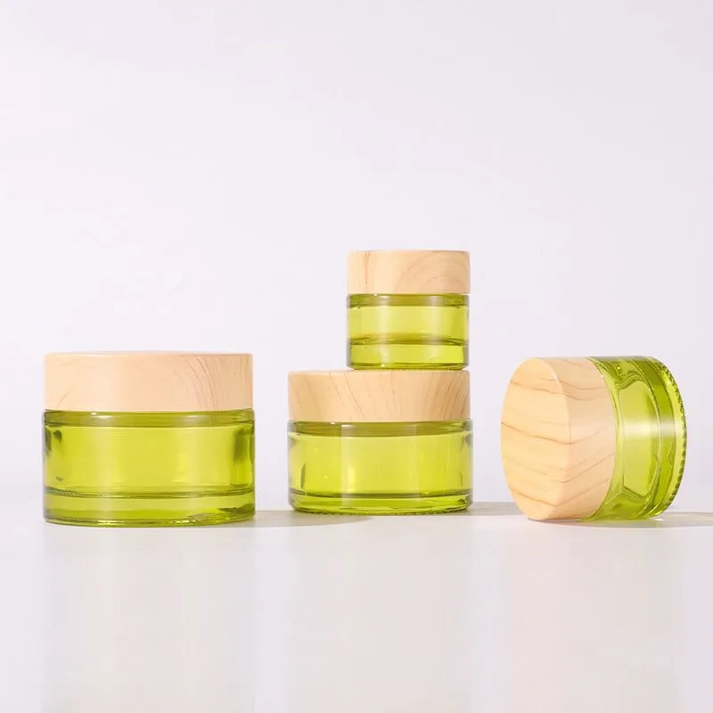 50pcs 5-50g Olive Green Glass Jar Cream Bottle Bamboo Lid Refillable Cosmetic Easy To Use Container Portable Travel Makeup Tool 2