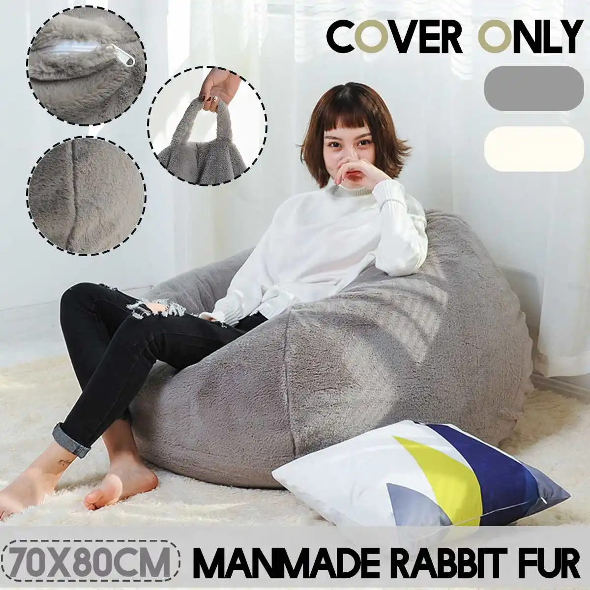 

Handmade rabbit Fur Lazy Sofas Cover Chairs without Filler Warm Lounger Seat Bean Bag Pouf Puff Couch Tatami Living Room70x80cm