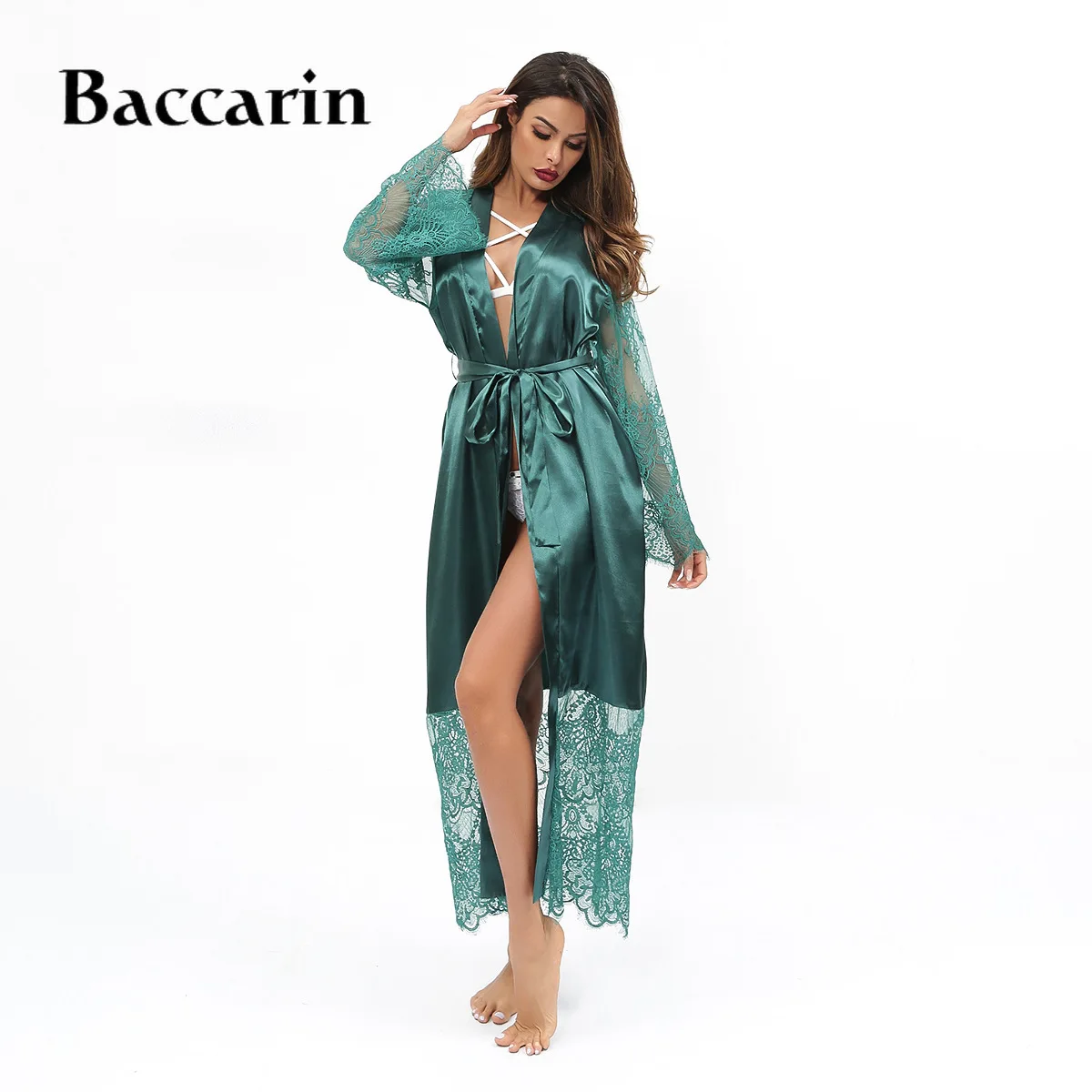 

2019 Spring 3 Colors Lace Nightgowns Women Long Sleeve Fashion Sexy Nightgowns With Belt Sleepwear