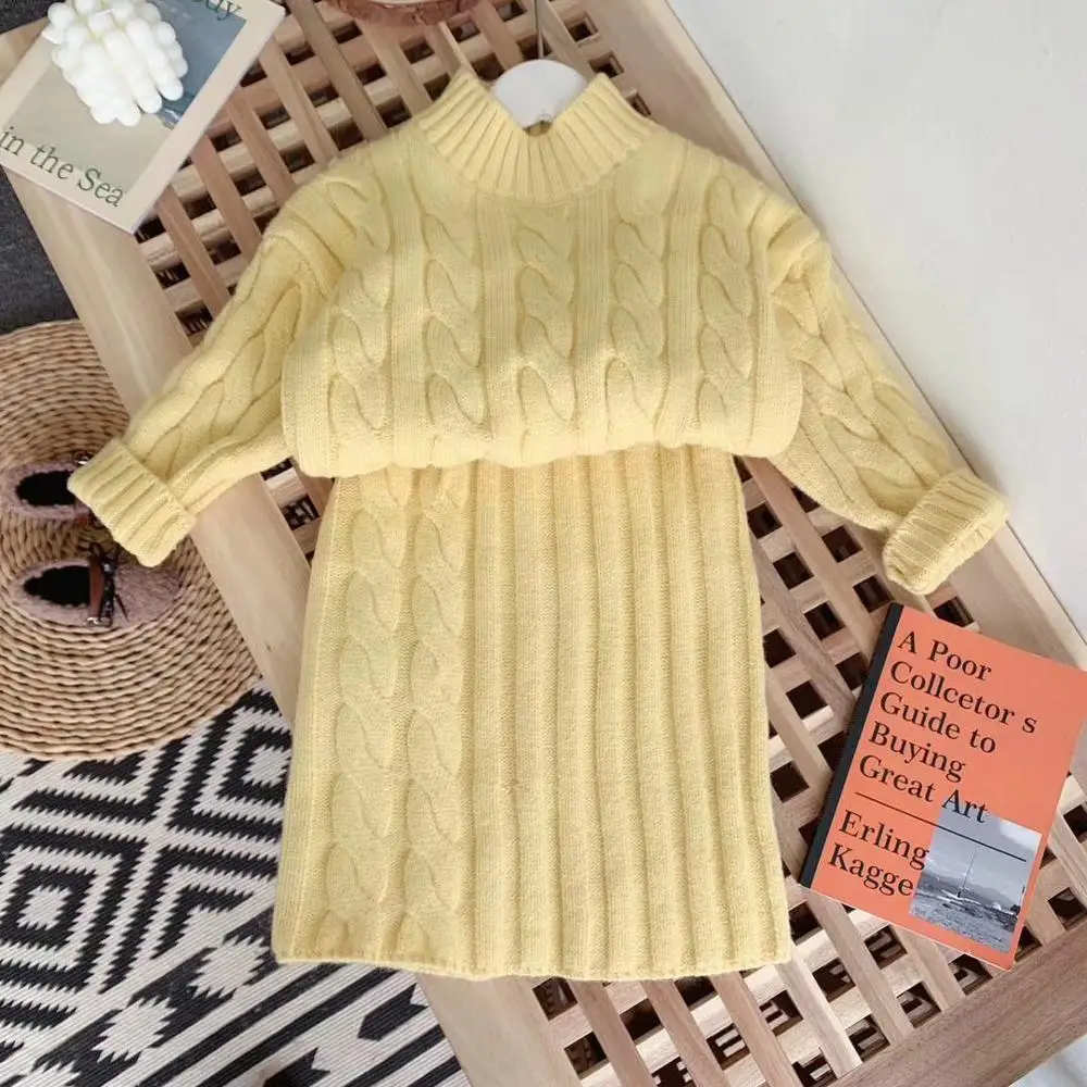 yellow Весенне-осенний комплект из 2 предметов для девочек, Детский свитер+ юбка детский вязаный костюм Детская уличная одежда кардиган с геометрическим принтом, от 4 до 10 лет - Цвет: yellow