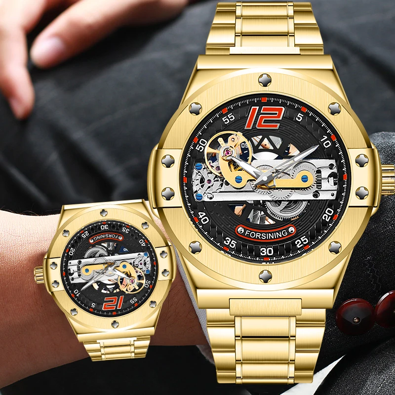 

Forsining Automatic Male Watch Golden Bridge Transparent Stainless Steel Band Racing Man Mechanical Wristwatch Relogio Masculino