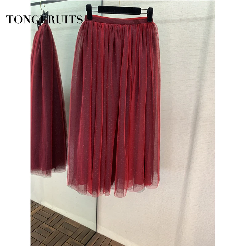 

Dot Tulle Quality Women's Autumn Skirt Long Section Mesh Half Skirt Evening Dress Party Skirt Beach Skirt Red Skirt Silk Lining