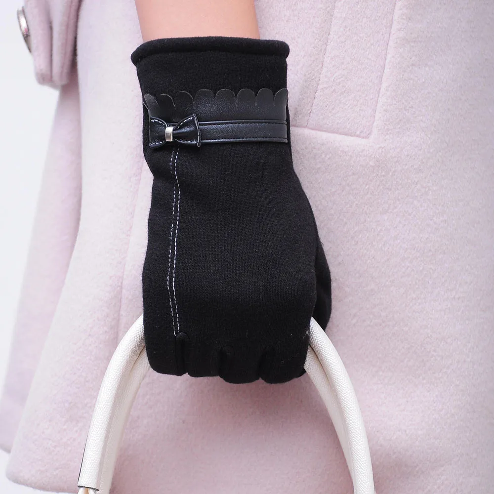 Зимние Модные женские теплые перчатки с бантом, варежки, перчатки с сенсорным экраном, теплые вязаные рукавицы