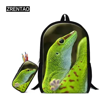 

Fashionable School Bag Set Over The Shoulder Satchel Bookbags For Kindergarten Baby Kids Green Animal 3D Lizard Print Portable