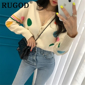 

RUGOD 2019 New autumn arrival special sweater cardigans women v neck dot high waist elastic slim knit coat fashion femme korean