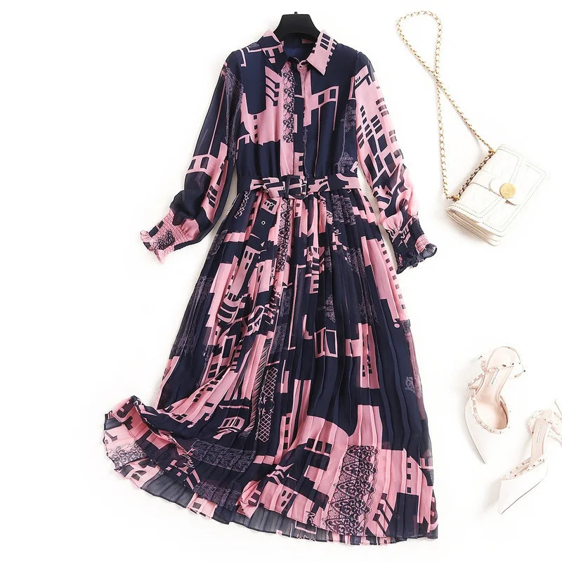 

Print Shirt Dress Pleated High Street 2020 Chiffon Sashes Mid-Calf Turn-down Collar Dresses for Adult Women's Dress for Everyday