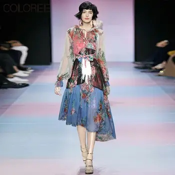 

Elegant Irregular Ruffles Floral Printed Chiffon Dress For Women 2020 Runway Vintage Long Lantern Sleeve Midi Woman Dress