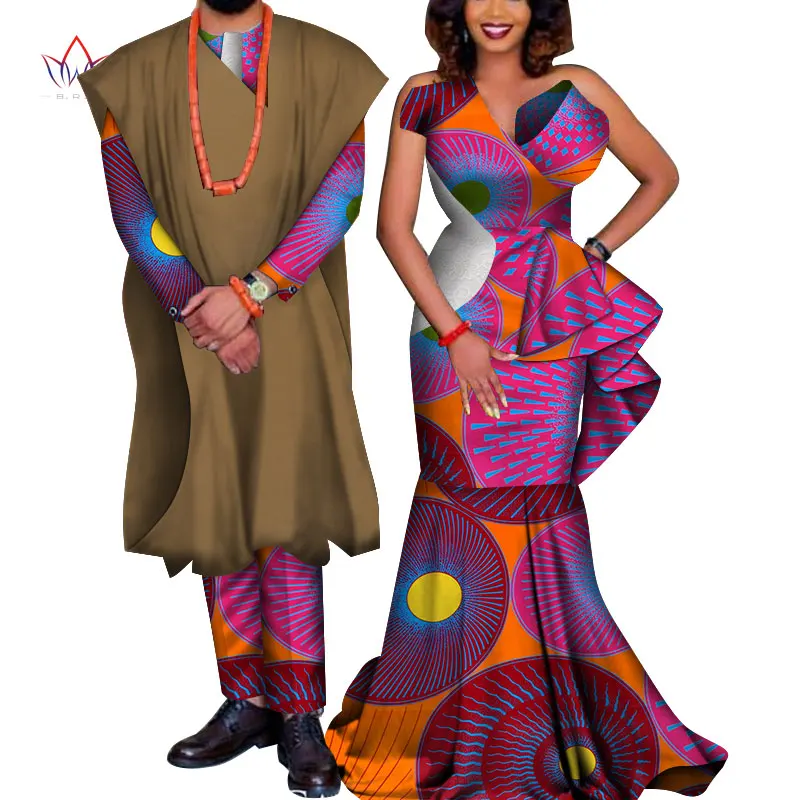 Африканская пара одежды африканские платья для женщин Базен Riche Длинные платья африканские Мужчины Печать мантия-пальто и брюки WYQ178 - Цвет: 16