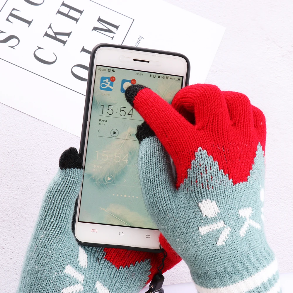 Winter Touch Screen Gloves Women Girl Cute Cartoon Cat Printed Wool Knitted Full Finger Mittens For Girls Christmas Gifts