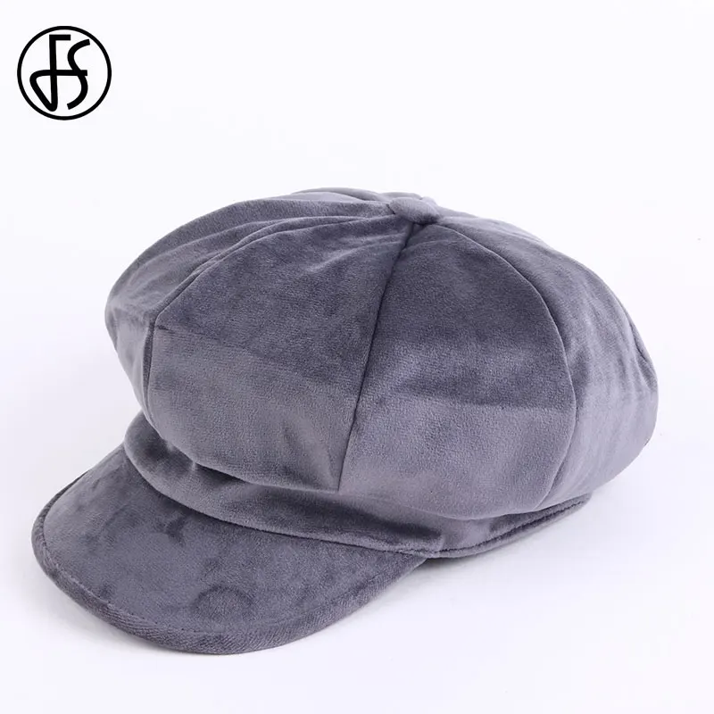 Grey Newsboy Caps FS, осенне-зимние шапки для женщин, берет, одноцветная, восьмиугольная, газетная Кепка, женская, повседневная, бархатная шапка, шапка художника, s - Цвет: Grey Newsboy Caps