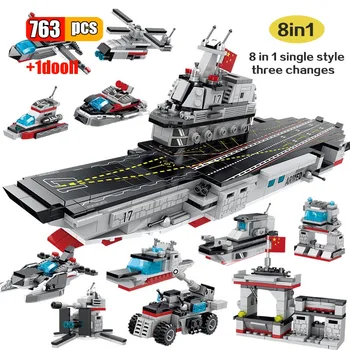 

763Pcs 8 IN 1 Military Aircrafted Carrier Building Blocks Modern Navy Battleship Missile Plane Boat Model Bricks Educational Toy
