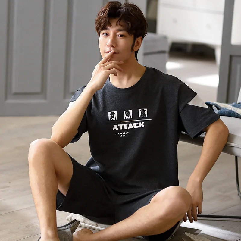 

2020 Pajamas MEN'S Short Sleeve Pure Cotton Summer Men Pure Cotton Large Size Casual Comfortable Pajamas Homewear Set