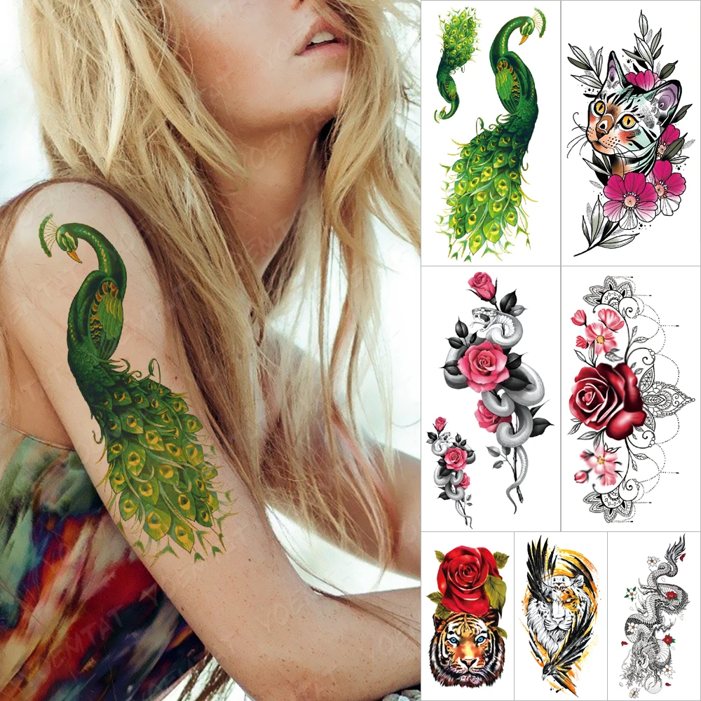 

Actuality Waterproof Temporary Sleeve Arm tatooo Sticker Green Peacock Feather Wing Rose tattoo Body Art Fake tatoo Male Women