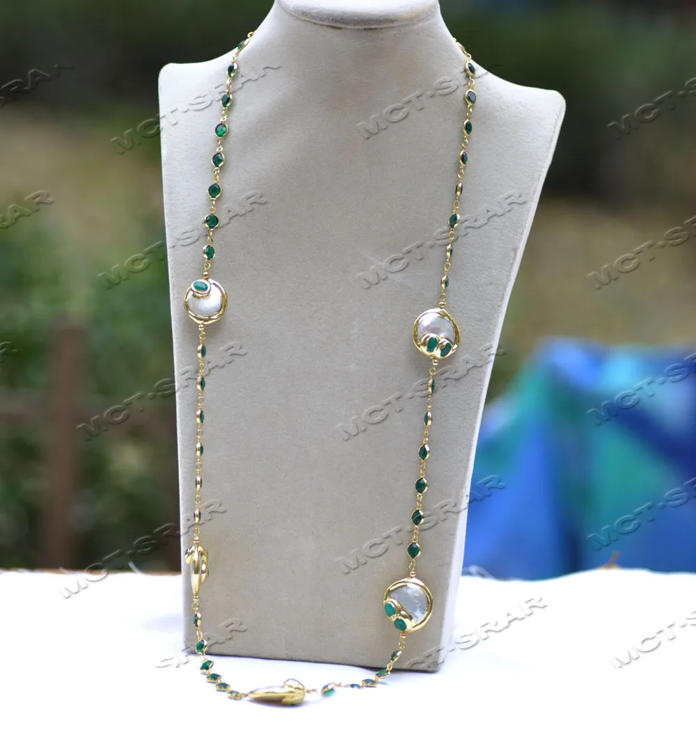 

MCT·STAR Z11650 32" 22mm White Coin Pearl Green Gold-plating Green CZ Chain Necklace