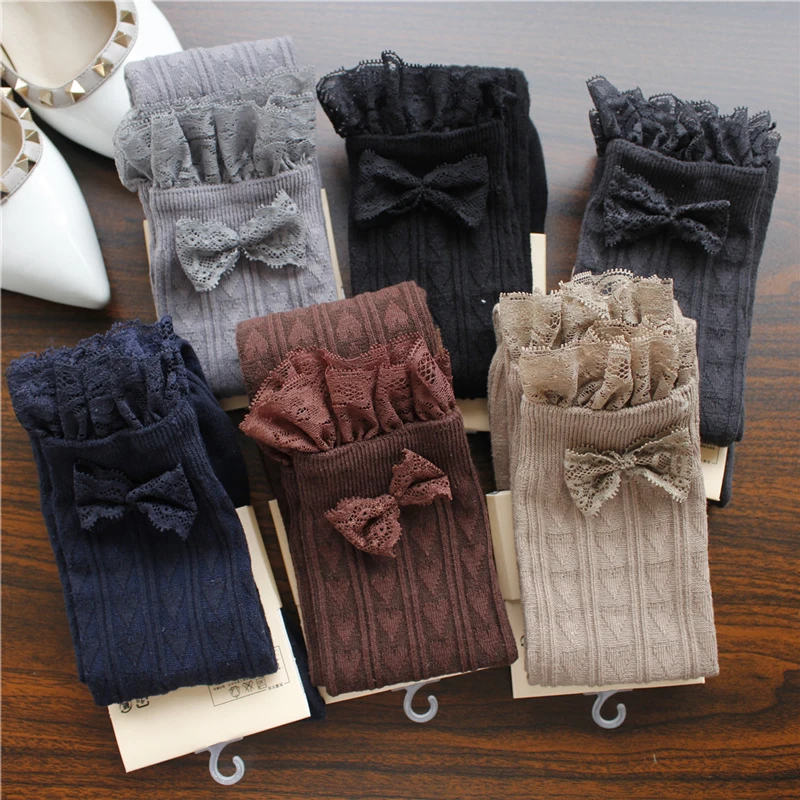 

Autumn Winter Warm Stockings Lace Bowknot Thigh High Stockings Girls Ladies Kawaii Overknee Socks Heart Printed High Stocks
