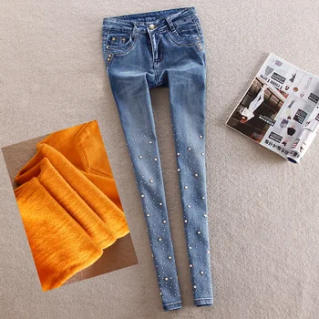 

Plus velvet Slim Slim Thin Elastic Mid-Waist Jeans Women Winter Trousers Casual Student Feet Pencil Trousers Rhinestone