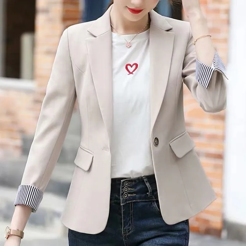 Vintage coreano mujer Blazer corto ajustado Blazer Oficina temperamento conmutado mujer Blazer nueva negra Beige Mujer _ - AliExpress