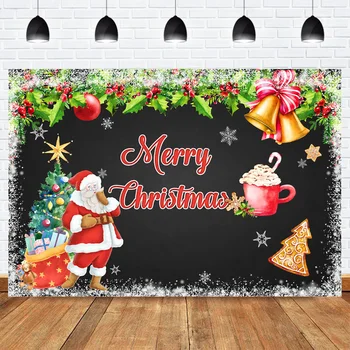 

Merry Christmas Backdrop for Photography Santa Claus Gift Red X-mas Christmas Tree Photo Background Green Leaves Bell Photobooth