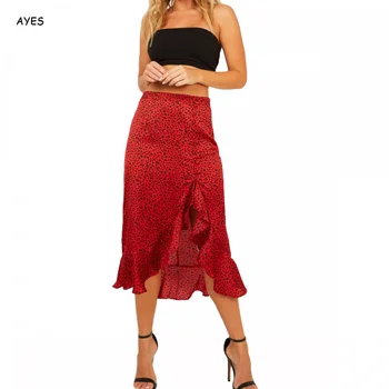 

2019 Fashion Leopard Print Red Long Skirt Women Sexy High Waist Slit Red Midi Skirts Summer Streetwear Party Club Ruffle Skirts