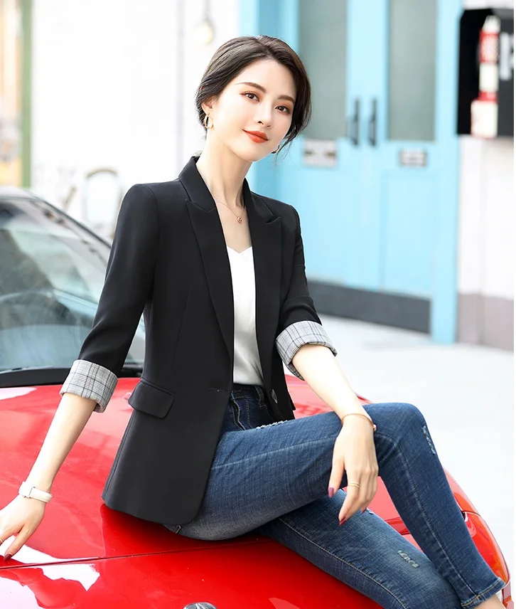 iHAZA OL Style Blazer Slim Suit Coat Women 3/4 Sleeve Elegant Jacket Coat 