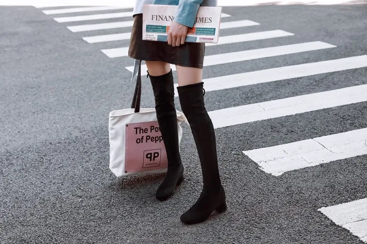 NASBAVI new Elastic Slim Fit Over The Knee Boots Women Winter thigh Lace up ladies mid heel Solid color long boot