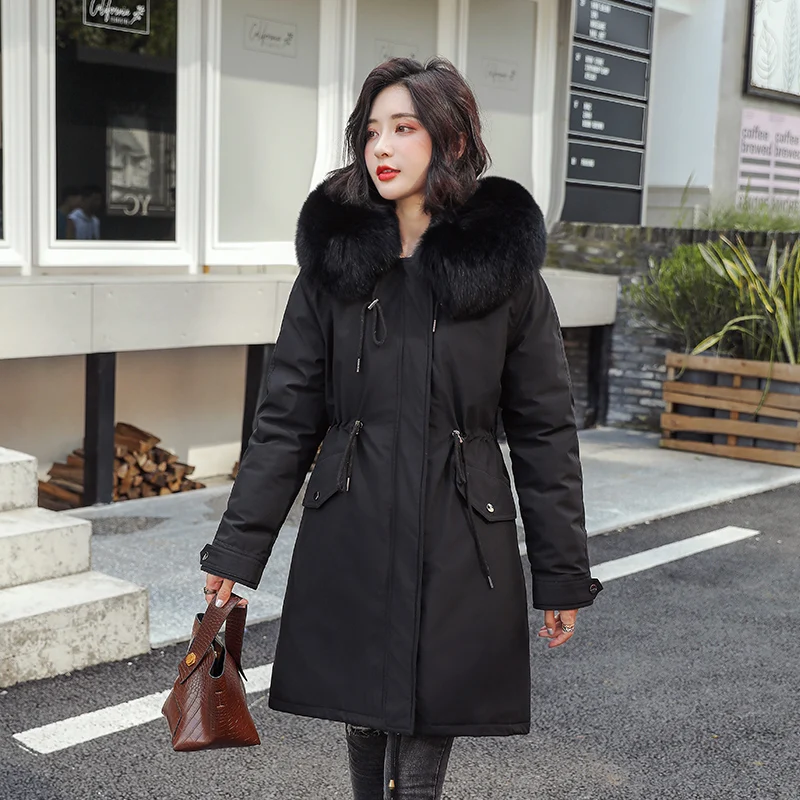 Зимние женские куртки, парка с капюшоном, корейский стиль, теплый модный длинный пуховик для женщин, утолщенное розовое хлопковое пальто с меховым воротником, верхняя одежда - Цвет: Черный