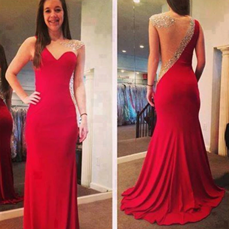 Длинное вечернее платье красного цвета CJE01 с глубоким вырезом и кристаллами, новинка, вечерние платья, Сексуальные вечерние платья, прозрачные