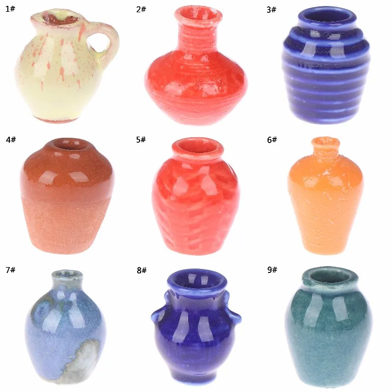 3x Maison de Poupées Miniature Jaune Vitré Céramique Vases 
