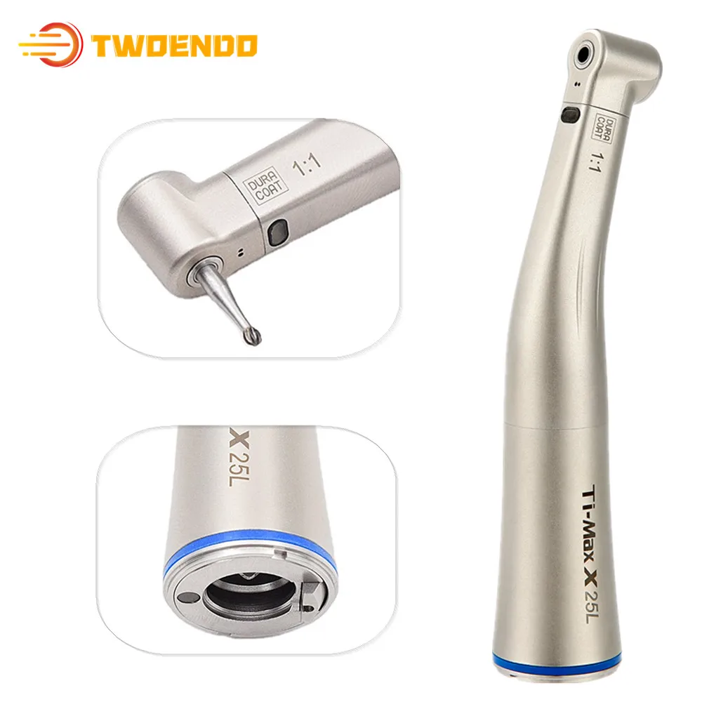 Dental 1:1 Fiber Optic Low Speed Contra Angle Handpiece Push Button LED Ti-Max X25L Blue Ring Air Turbine