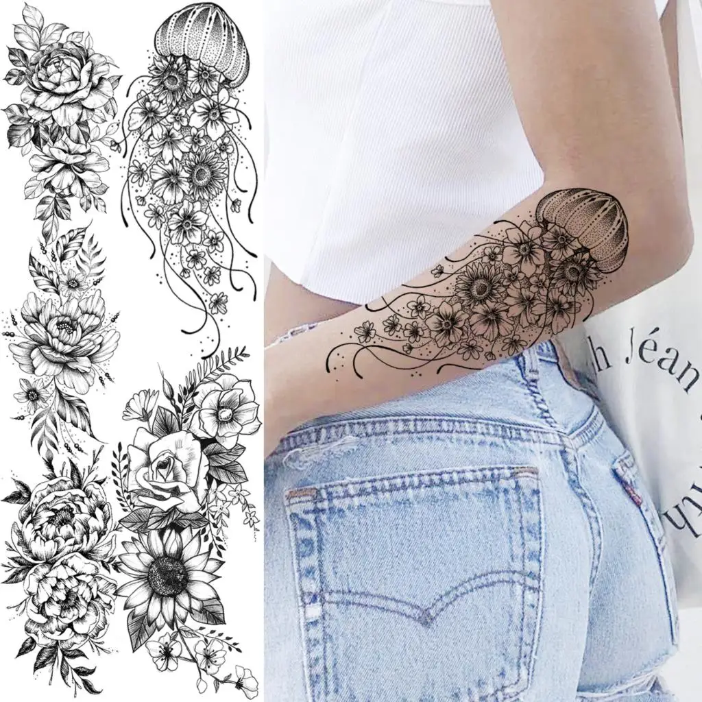 

Реалистичная подсолнухая Маргаритка, медуза, временные татуировки для женщин, взрослые пионы, розы, искусственная татуировка, боди-арт, полурукавная татуировка