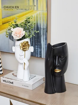 

Creative Resin Vase Human Head Abstract Character Sculpture Golden Flower Vase Living Room Desktop Home Decoration Furnishing