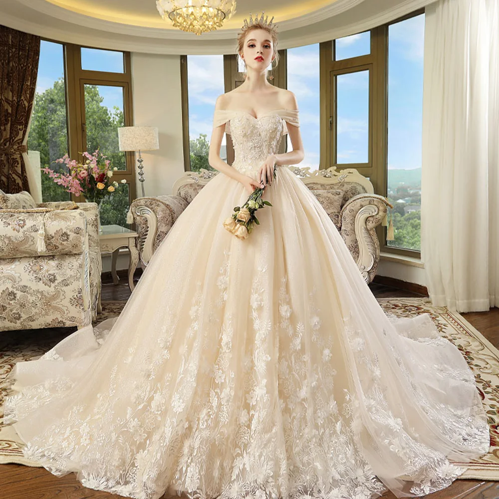 Великолепное бальное платье Свадебные платья с часовым шлейфом Vestido De Noiva Princesa жемчужные аппликации цветы свадебные платья
