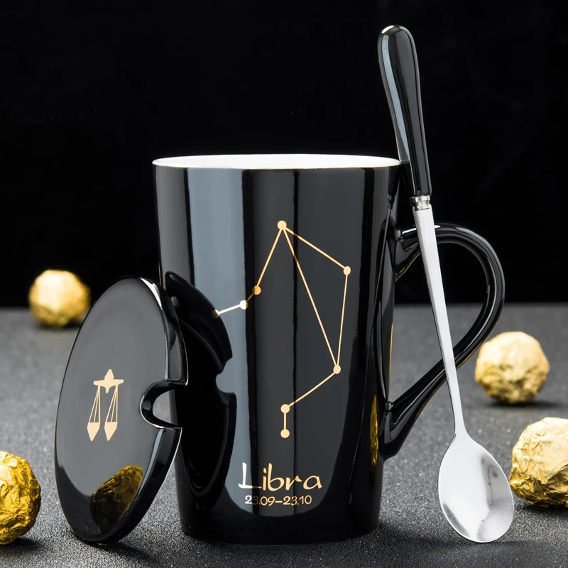 420ML 12 Constellation Creative Ceramic Couple Mug, with Spoon Cover Black Gold Porcelain Zodiac Milk Coffee Cup