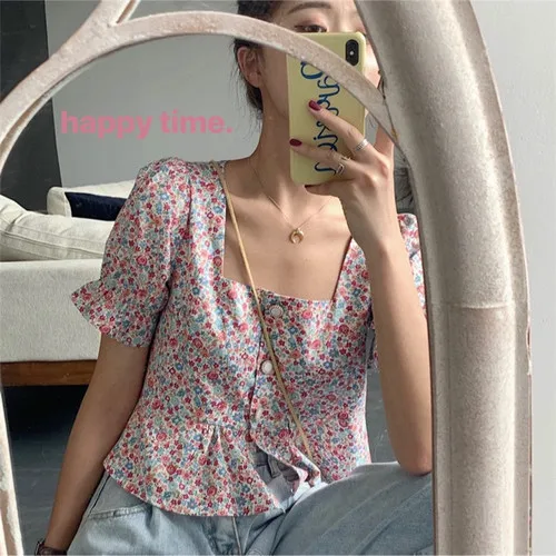 

Simple Flower Printed Causal Loose Basic Hit Hot Slae Short Design Button Line Square Collar 2019 New Arrival Short Sleeve Shirt