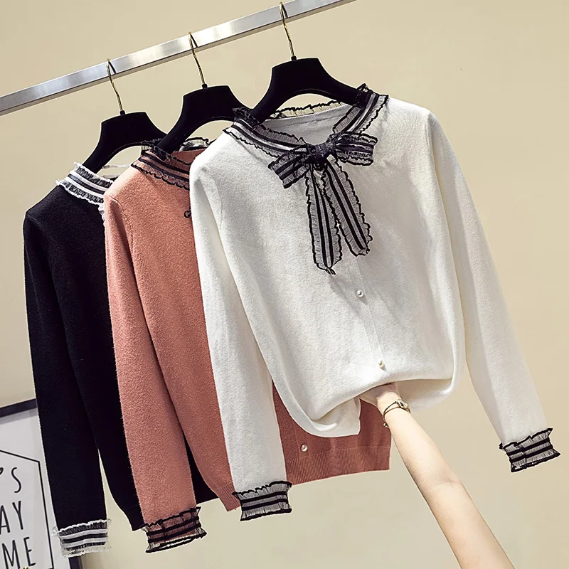 Свитер Женский 2019 Осень Зима Элегантные Сладкие Свитера Оборка Кружевная