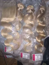 Mechones Rubio perla negra con cierre, cabello humano Remy ondulado malayo, rubio miel, 613 mechones con cierre, 613