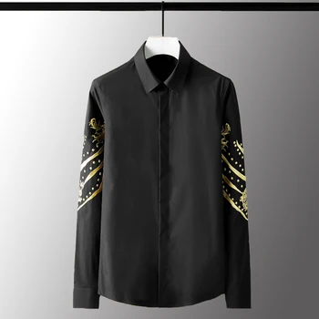 

New Gold Embroidery Mens Shirts Luxury Solid Solor Long Sleeve Mens Dress Shirts Plus Size 4xl Fashion Slim Fit Male Shirts
