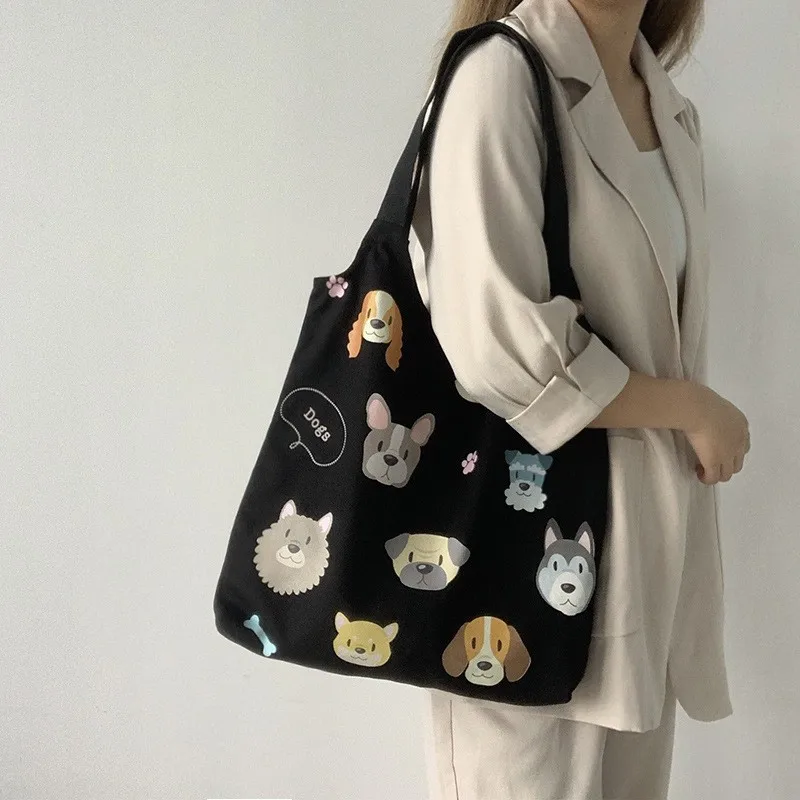 New Shopping Bags for Women Sweet Kawaii Printed Canvas Leisure Daily Shop High Quality Korean Style Grocery Bag