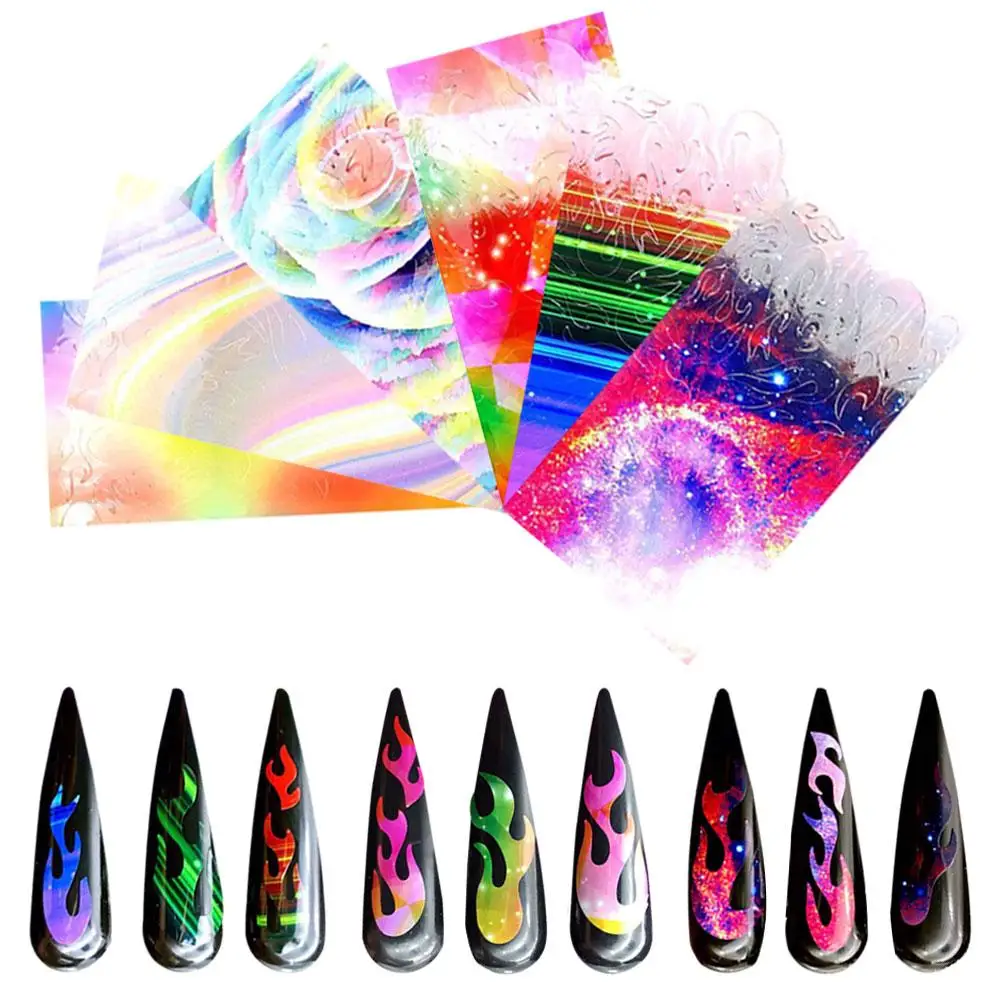 

6 Sheets Aurora Flame Nail Sticker Holographic Colorful Fire Reflections Self-Adhesive Foils DIY Nail Art Decoration Sticker